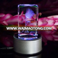 beautiful 3D laser crystal rose cube with LED light,crystal souvenir